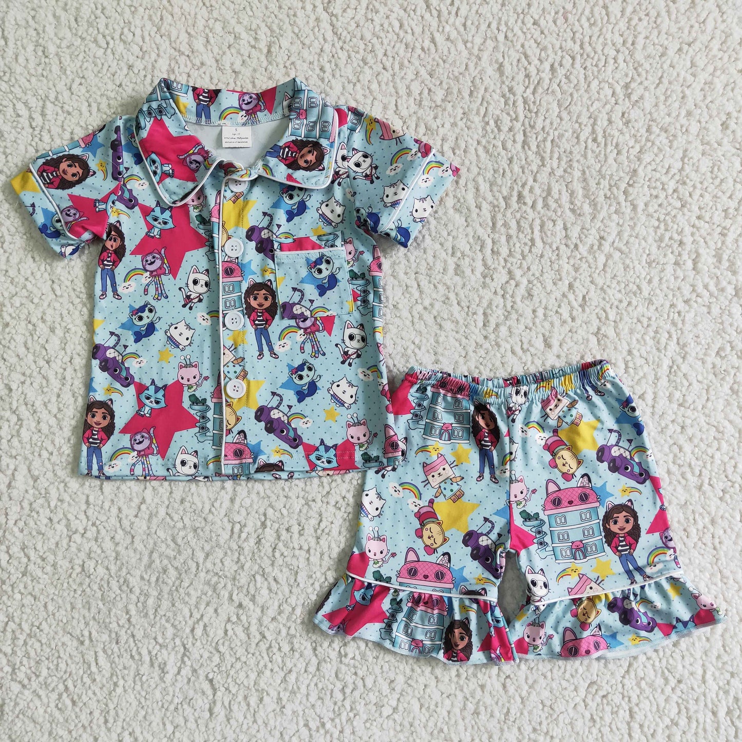 GSSO0014 cartoon cat star blue short sleeve shorts girls pajamas