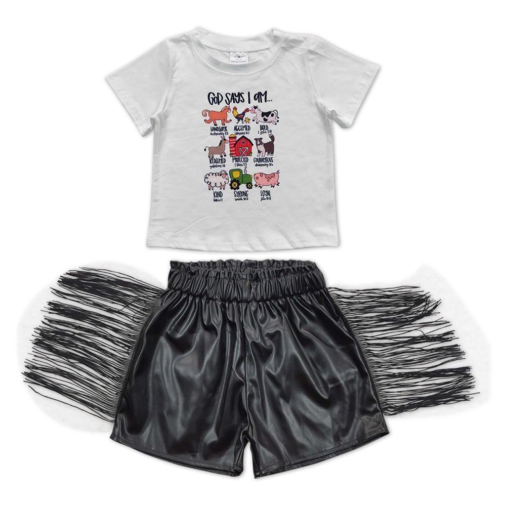 GSSO0366 Farm animals short sleeve black tassels leather shorts girls set