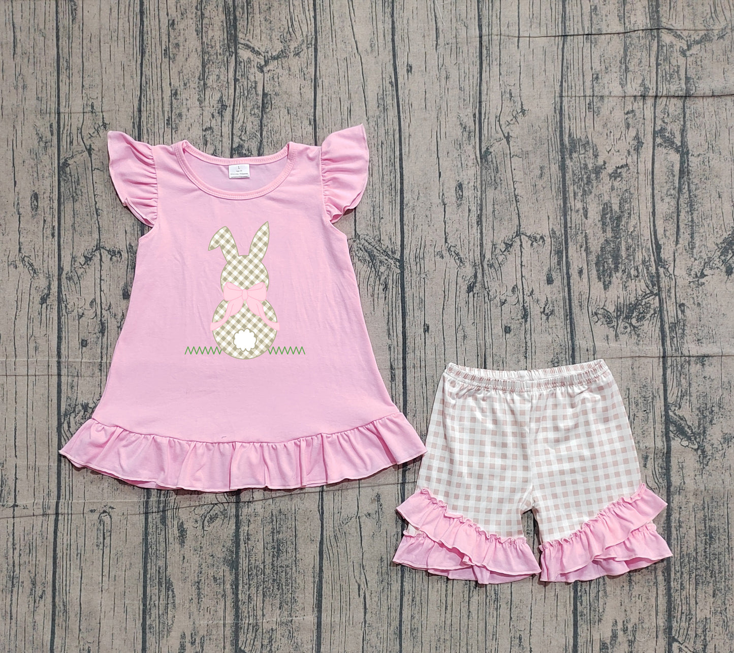 preorder Samples GSSO0374 Easter Rabbit Pink Flutter Sleeve Checkered Shorts Girls Set