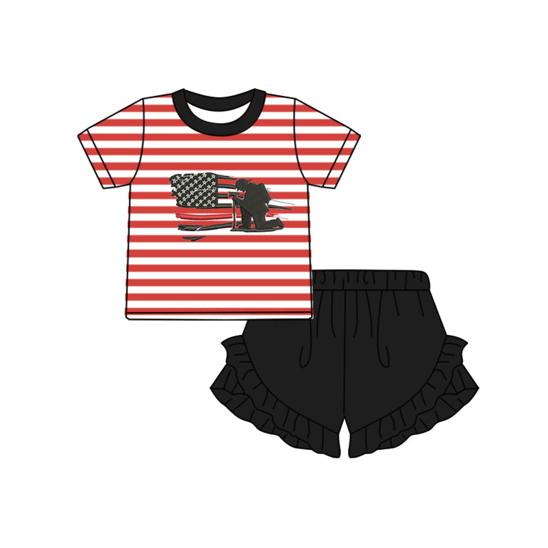 preorder GSSO0383 Red striped short sleeve black shorts girls set