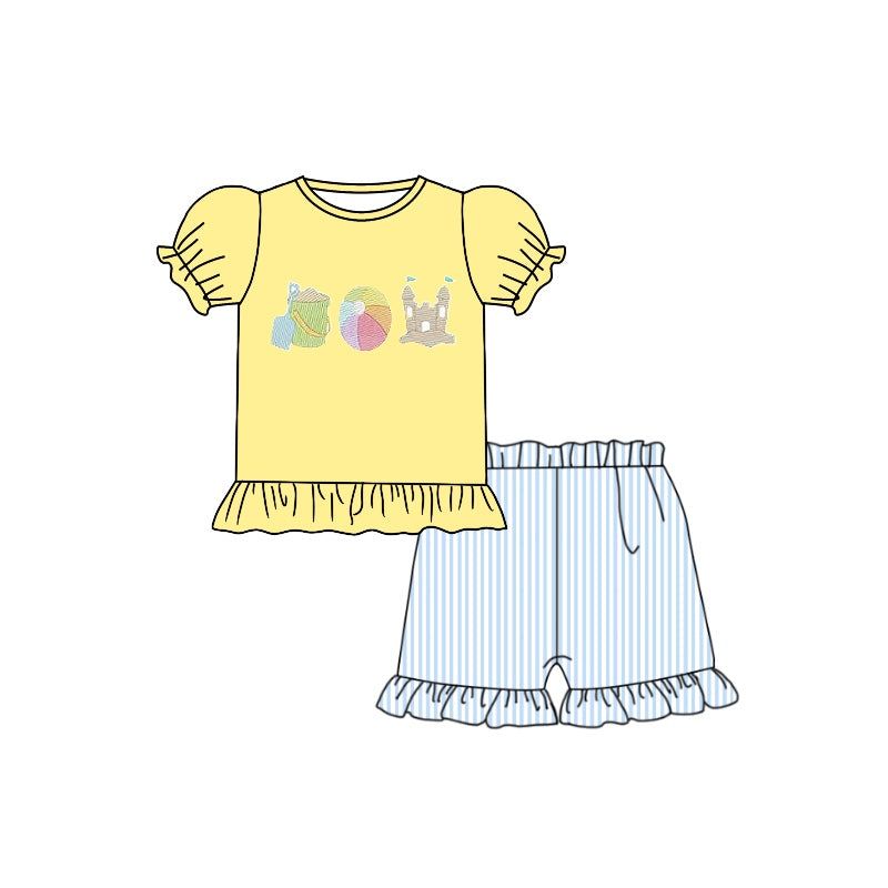 preorder GSSO0391 Beaches castles balls yellow short sleeve blue striped shorts girls set