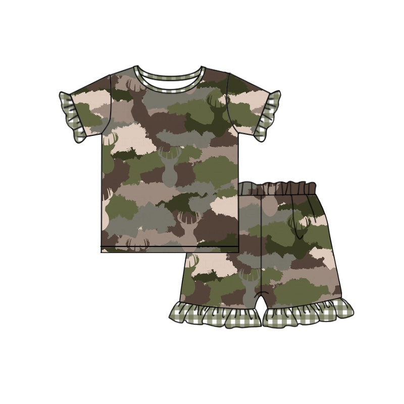 preorder GSSO0396 Camo green ruffles short sleeve shorts girls pajamas