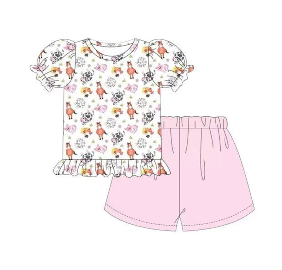 preorder GSSO0406 Farm horse cow pig short sleeve pink shorts girls set