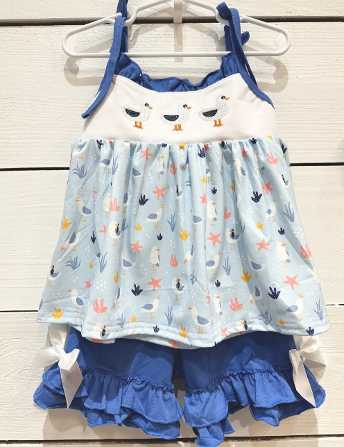 preorder GSSO0427 Sea gull cartoon star blue sleeveless blue shorts girls set