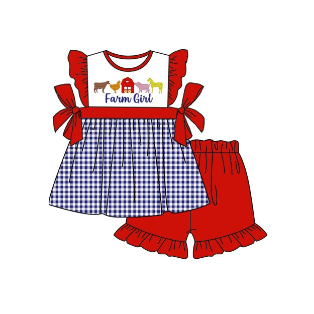 preorder GSSO0431 Farm girl horse pig animals checkered flutter sleeve red shorts girls set