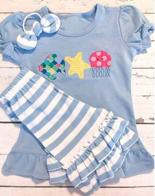preorder GSSO0434 Starfish fish jellyfish short sleeve blue striped shorts girls set