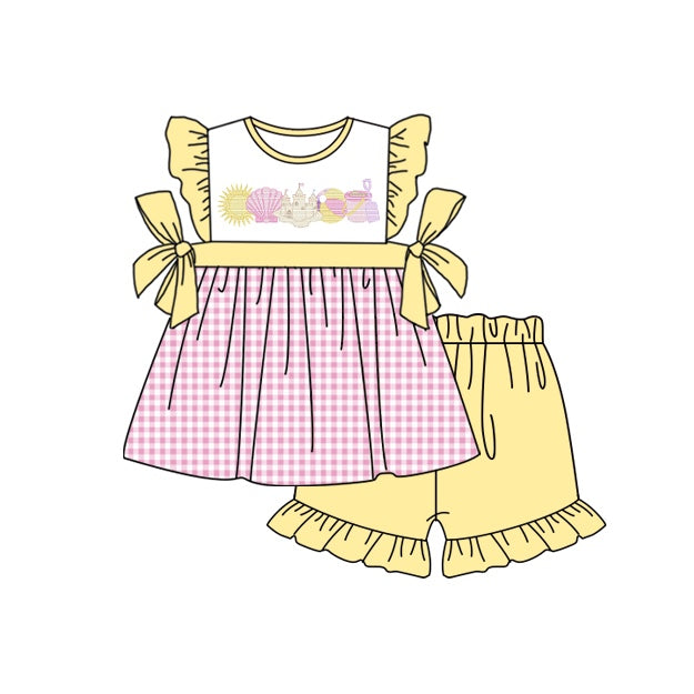 preorder GSSO0435 Beach castle pink checkered flutter sleeve yellow shorts girls set