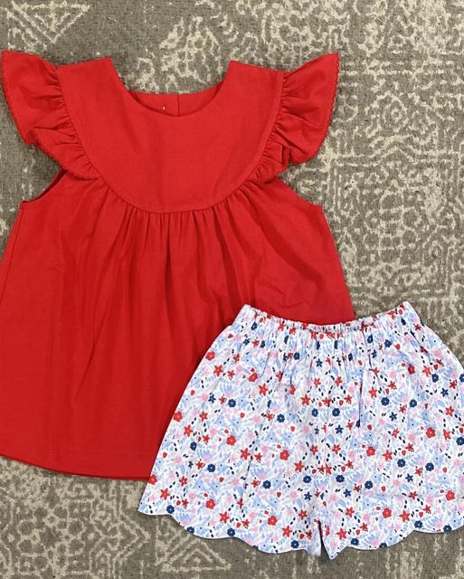 preorder GSSO0437 Red flutter sleeve red flowers shorts girls set
