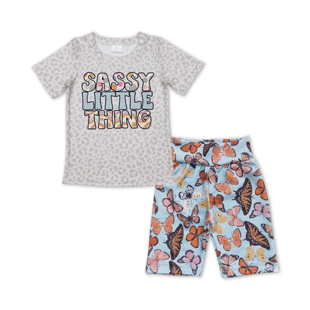 GSSO0457 Sassy little thing leopard short sleeve colorful butterfly shorts girls set