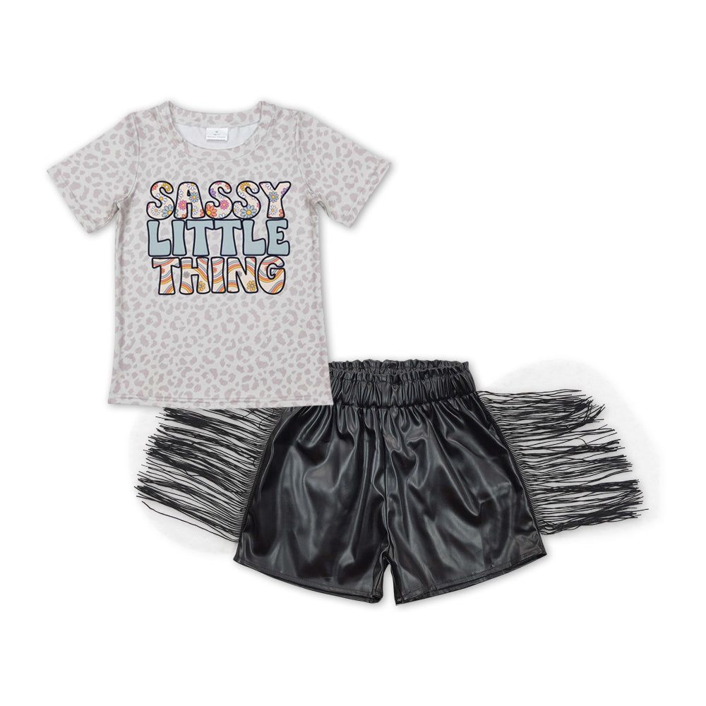 GSSO0458 Sassy little thing leopard short sleeve black leather tassels shorts girls set