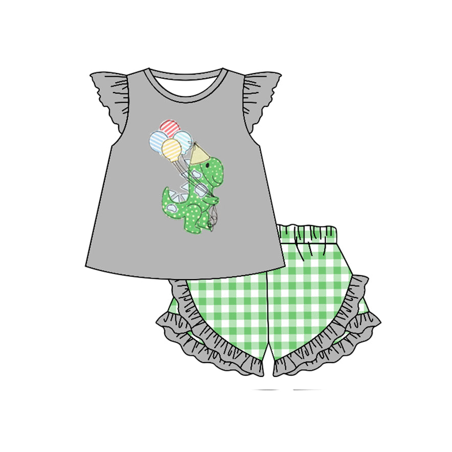 preorder GSSO0465 Happy Birthday Dinosaur Balloon Grey Flutter Sleeve Green Checkered Shorts Girls Set