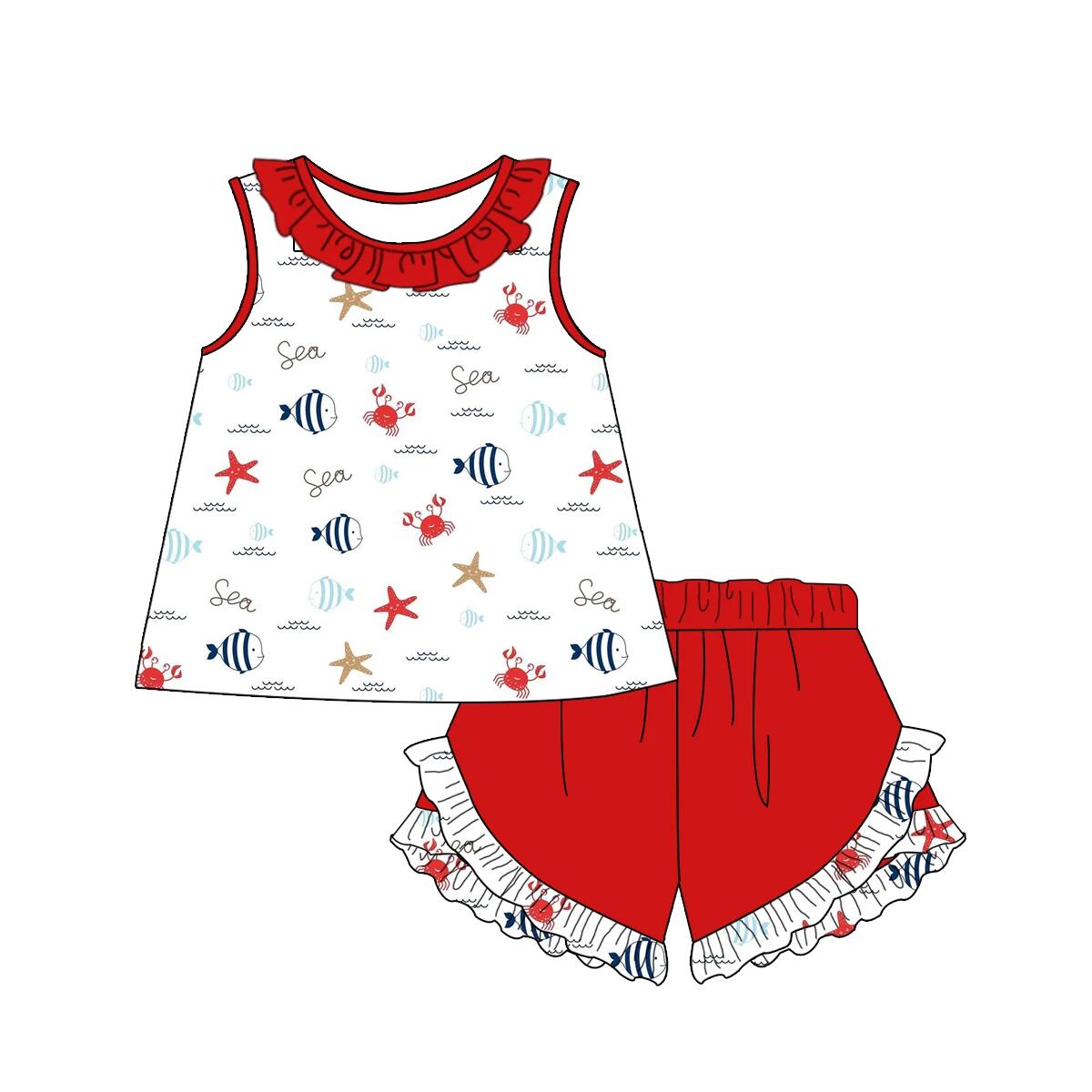 preorder GSSO0469 Sea fish Crab Sleeveless Red Shorts Girls Summer Set