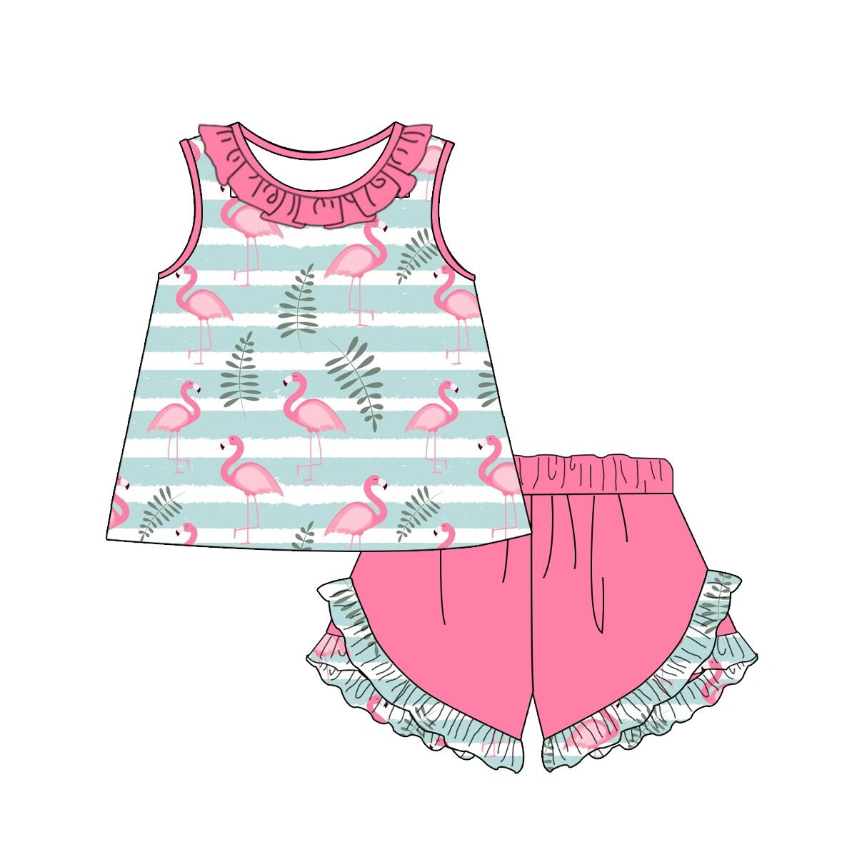 preorder GSSO0470 Flamingo Blue Striped Sleeveless Hot Pink Shorts Girls Summer Set