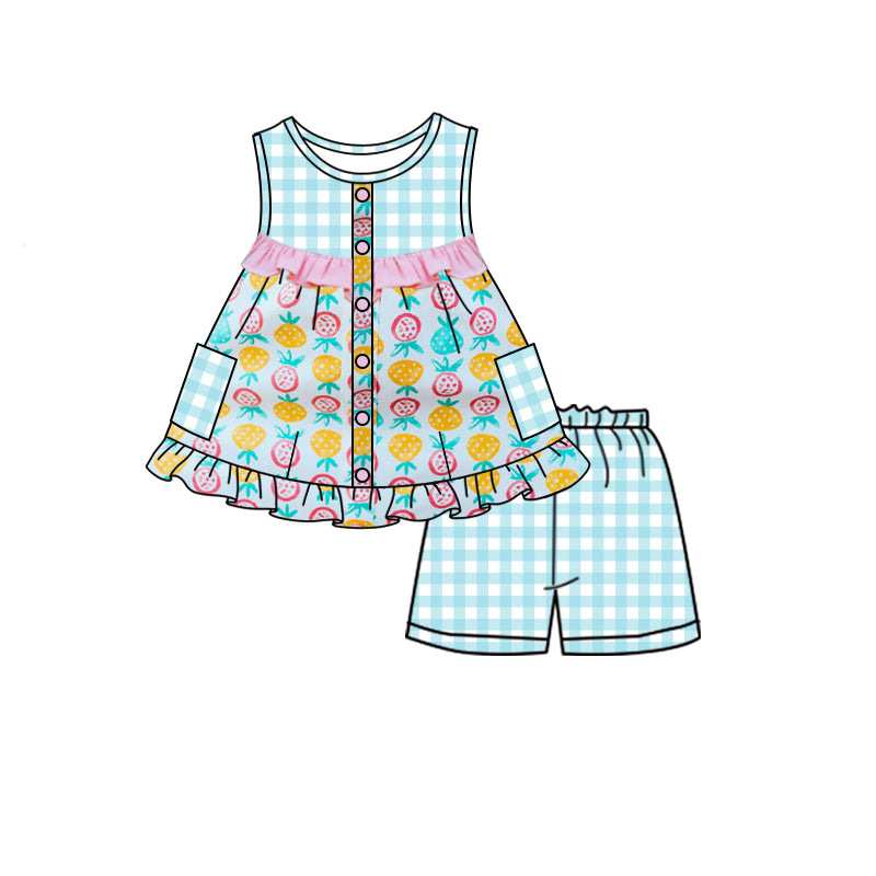 preorder GSSO0502 Baby Girl Pineapple Strawberry Fruit Blue Checkered Sleeveless Girls Summer Set Kids Summer Clothes