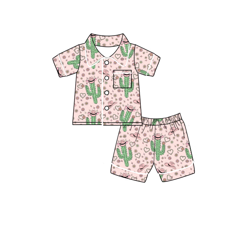 preorder GSSO0539 Western Cactus Flowers Hat Pink Short Sleeve Shorts Girls Summer Pajamas