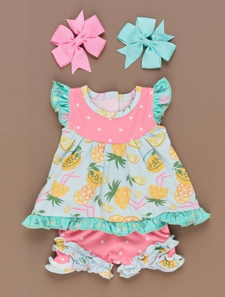 preorder GSSO0541 Fruit Pineapple Lemon Flutter Sleeve Pink Shorts Girls Set