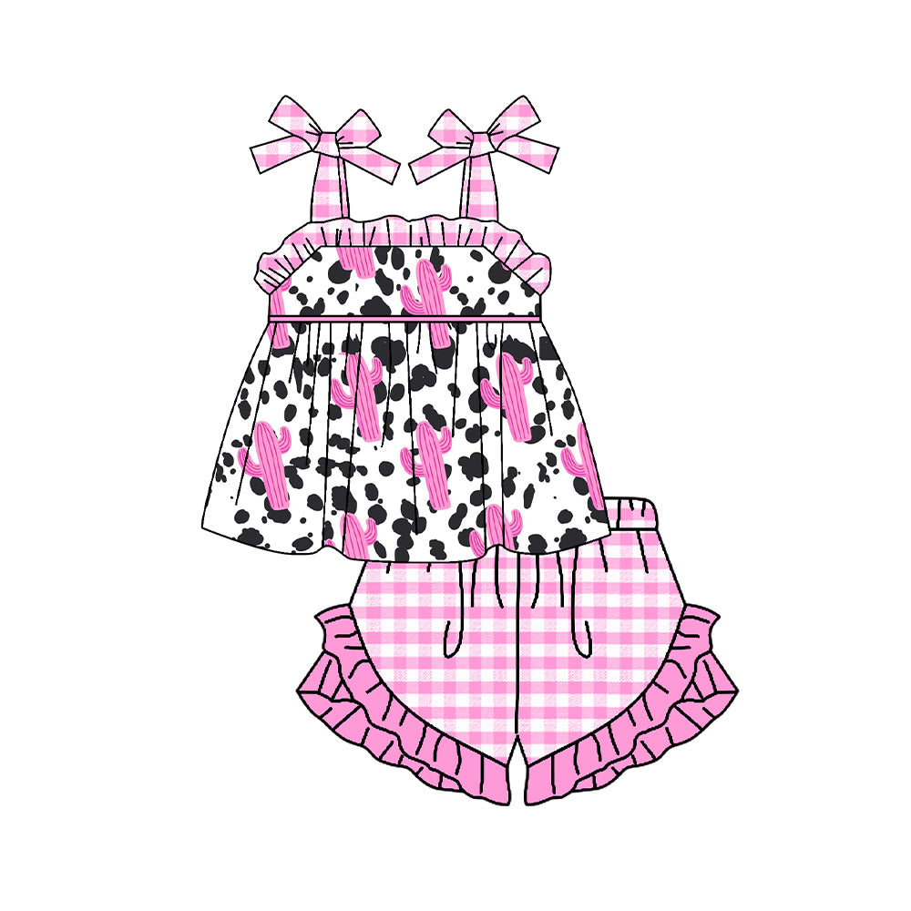 Preorder GSSO0573 Cactus Cow Print Sleeveless Hot Pink Checkered Shorts Girls Set