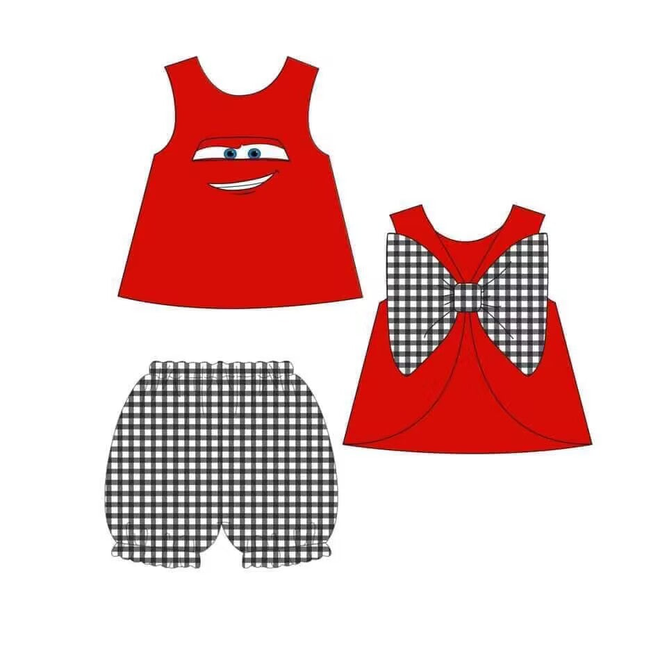 preorder GSSO0705 Cartoon car red sleeveless black checkered shorts girl set