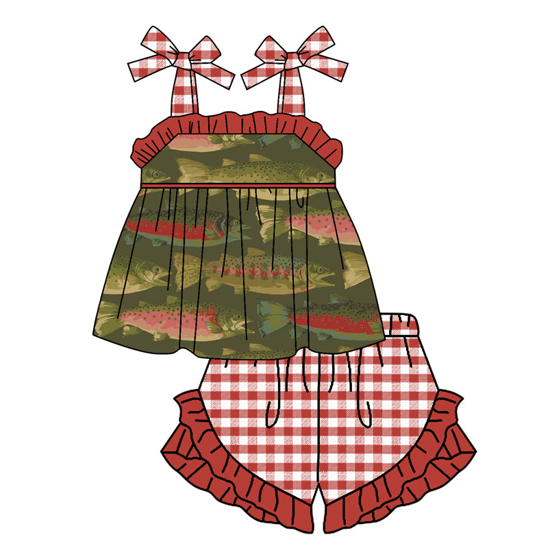 preorder GSSO0714 Fish green sleeveless red checkered shorts girls set