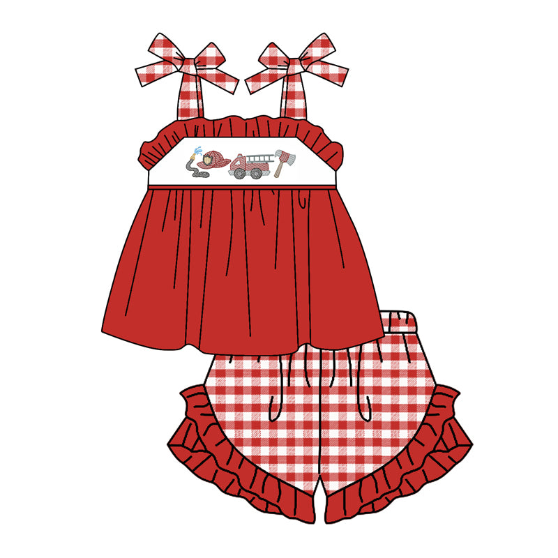 preorder GSSO0718 Fire truck hat red sleeveless red checkered shorts girls set