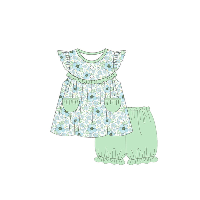 preorder GSSO0722 blue flowers green pockets flutter sleeve green shorts girls set