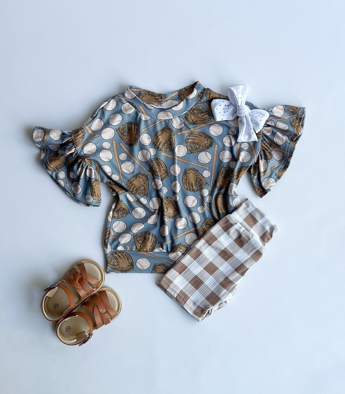 preorder GSSO0740 Play baseball blue short sleeve khaki checkered shorts girls set