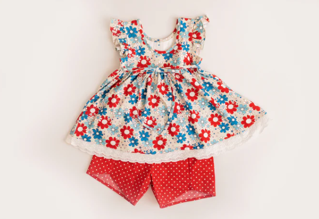 preorder GSSO0747 Colorful flowers flutter sleeve red dot shorts girls set