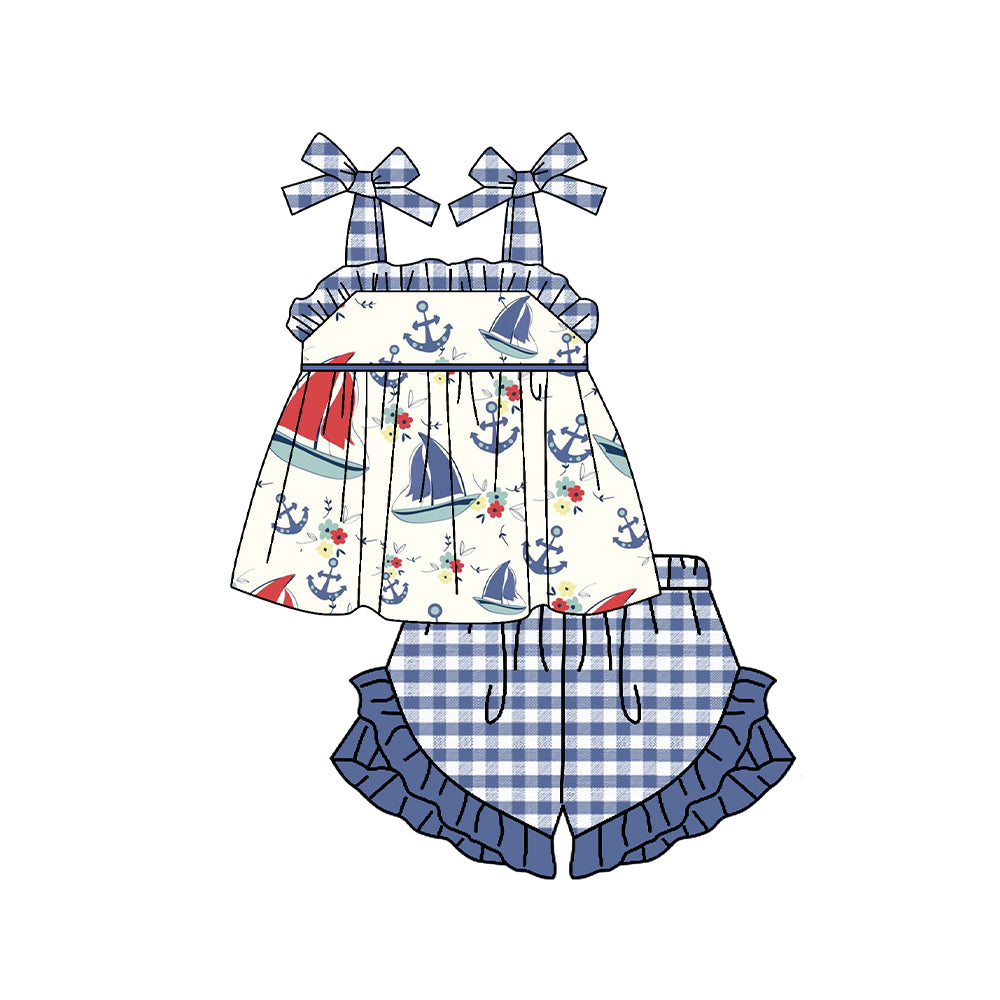 preorder GSSO0754 Sailboat flowers sleeveless blue checkered shorts girls set