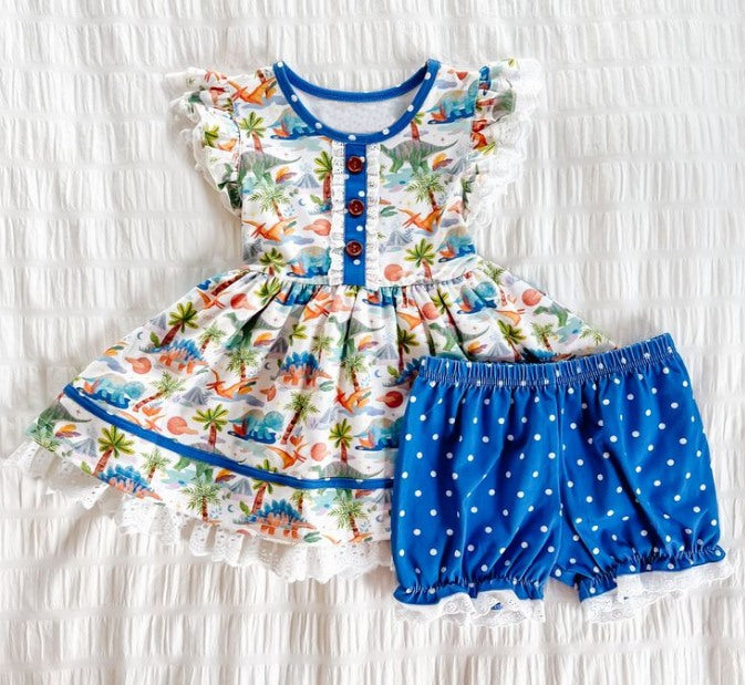 preorder GSSO0785 Dinosaur tree flutter sleeve blue dot shorts girls set
