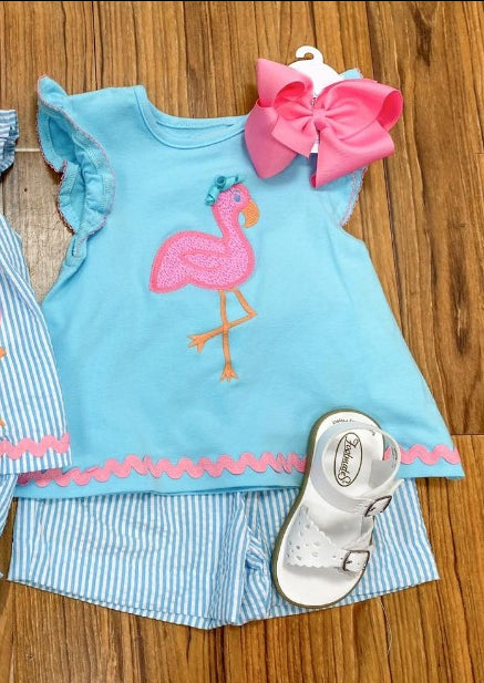 preorder GSSO0786 Flamingo blue flutter sleeve blue striped shorts girls set