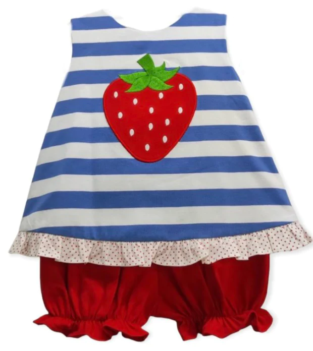 preorder GSSO0792 strawberry blue striped sleeveless red shorts girls set