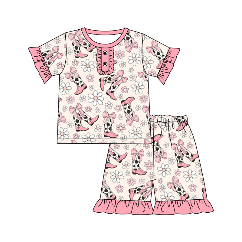 preorder GSSO0800 Western boot flowers pink short sleeve shorts girls pajamas