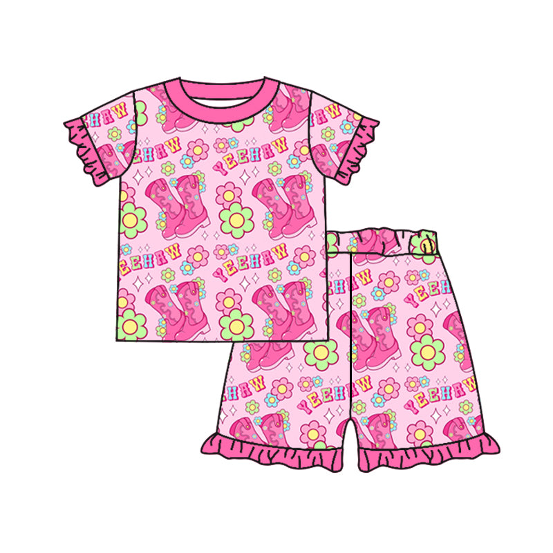 preorder GSSO0801 Western yee haw boot flowers hot pink short sleeve shorts girls pajamas