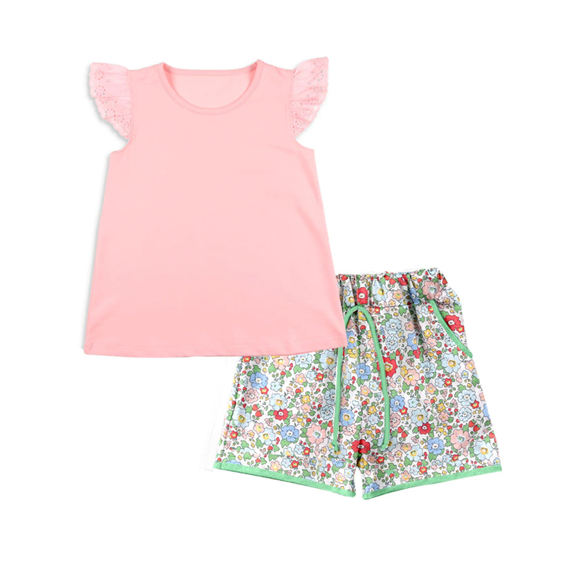 preorder GSSO0811 pink flutter sleeve colorful flowers shorts girls set