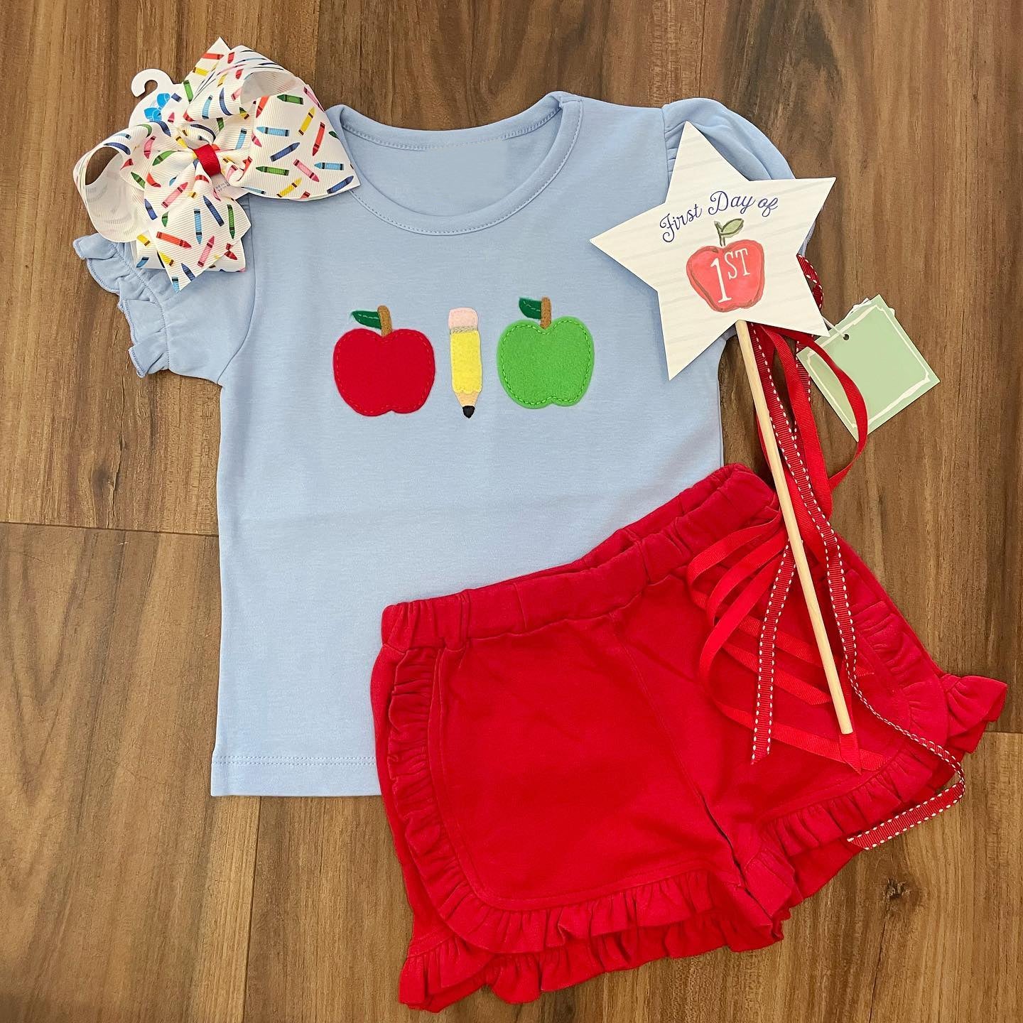preorder GSSO0816 back to school pen apple blue short sleeve red shorts girls set