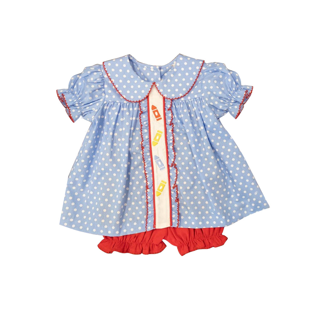 preorder GSSO0817 back to school pen blue dot short sleeve red shorts girls set