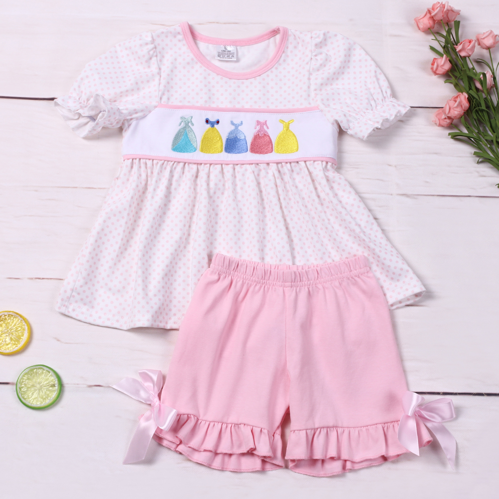 custom moq 3 cartoon princess pink dot short sleeve pink shorts girls set