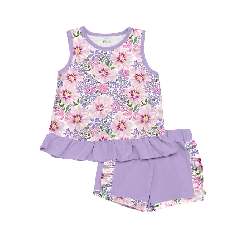 preorder GSSO0843 pink flowers purple sleeveless shorts girls set