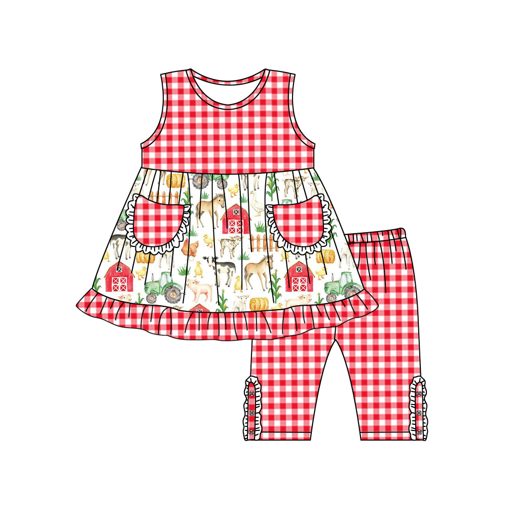 preorder GSSO0852 farm house horse animals red checkered pockets sleeveless pants girls set