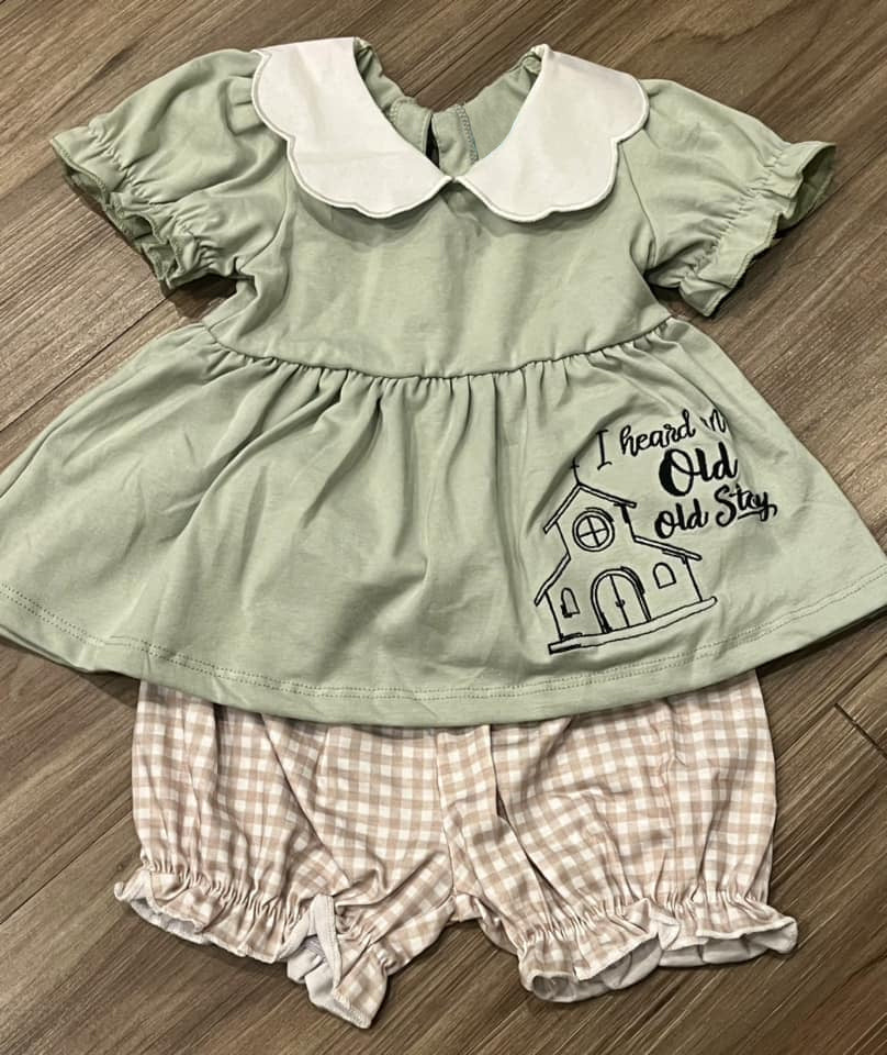 GSSO0858 old story short sleeve khaki checkered shorts girls set