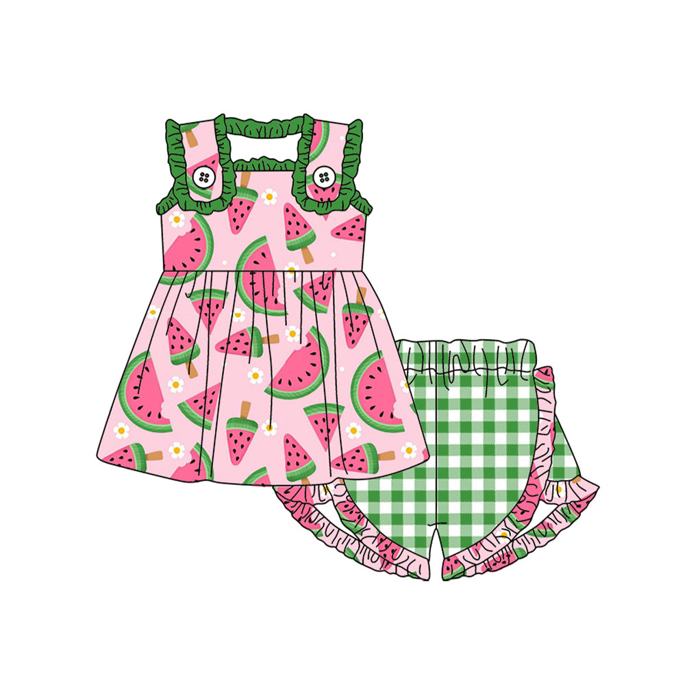 preorder GSSO0873 watermelon flowers pink sleeveless green checkered shorts girls set