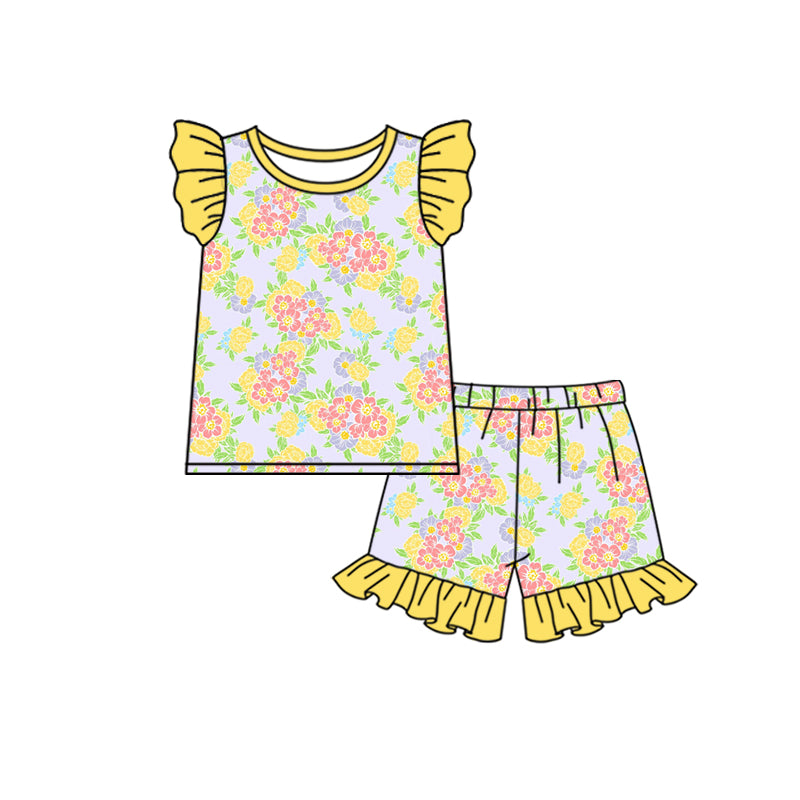 preorder GSSO0880 colorful flowers pockets flutter sleeve shorts girls set
