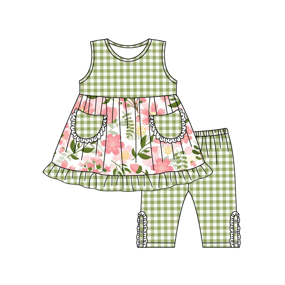 preorder GSSO0886 multi colorful flowers pockets sleeveless green checkered pants girls set
