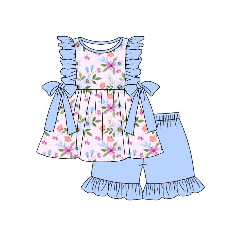 preorder GSSO0893 multi colorful blue ruffles flutter sleeve blue shorts girls set