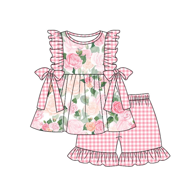 preorder GSSO0894 multi colorful flowers pink checkered ruffles flutter sleeve pink checkered shorts girls set