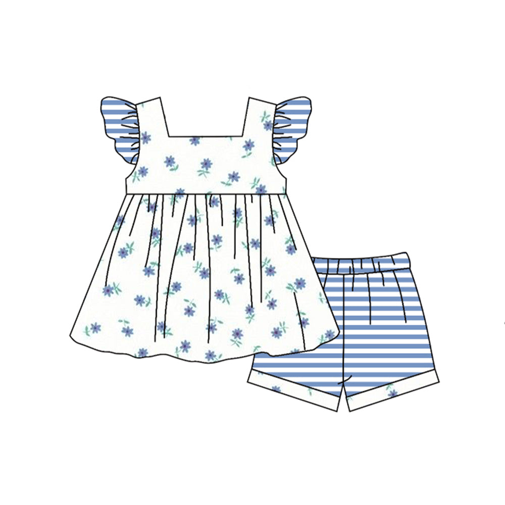 preorder GSSO0948 blue flowers flutter sleeve blue striped shorts girls set