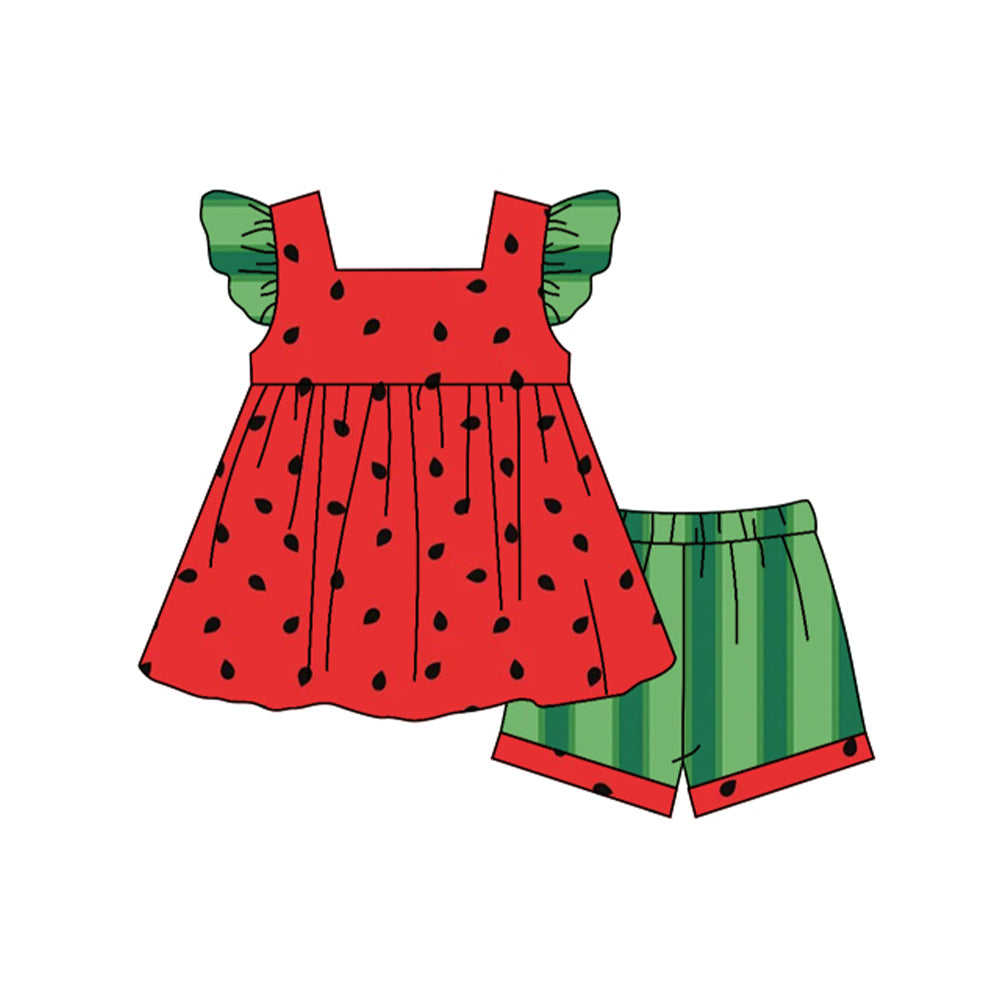 preorder GSSO0949 watermelon red flutter sleeve green striped shorts girls set