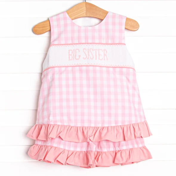 preorder GSSO0978 big sister pink checkered sleeveless pink ruffles shorts girls set