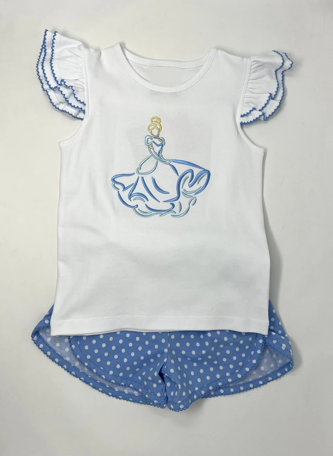 preorder GSSO1021 cartoon cute beautiful princess flutter sleeve blue dot shorts girls set