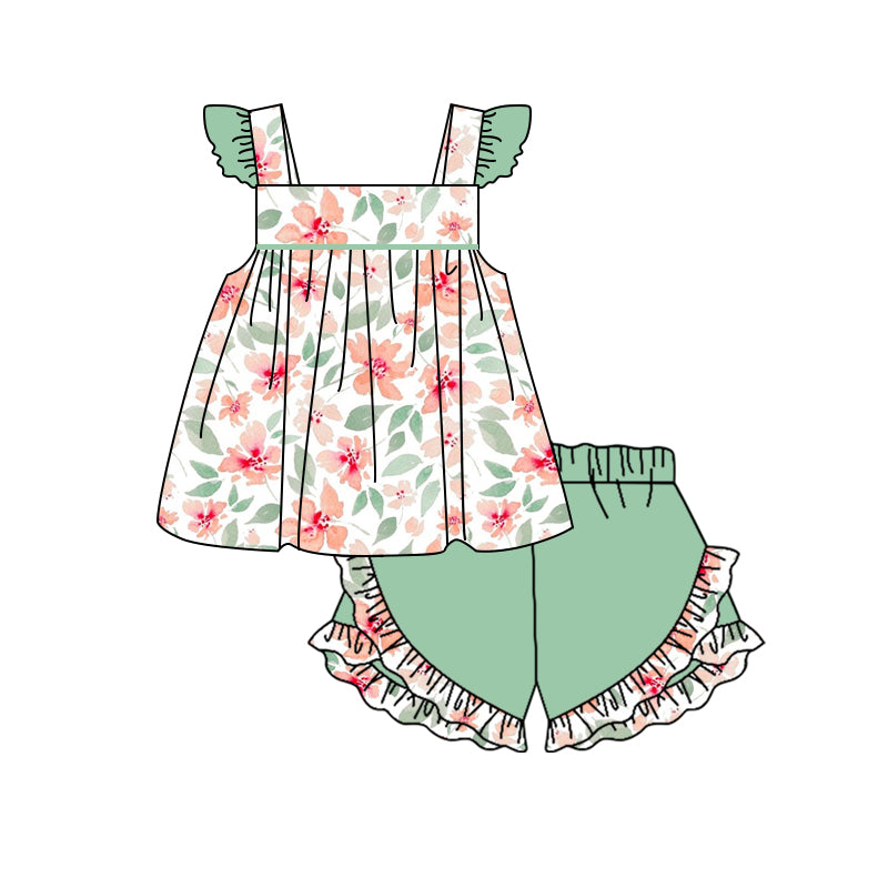 preorder GSSO1052 pink flowers flutter sleeve green shorts girls set